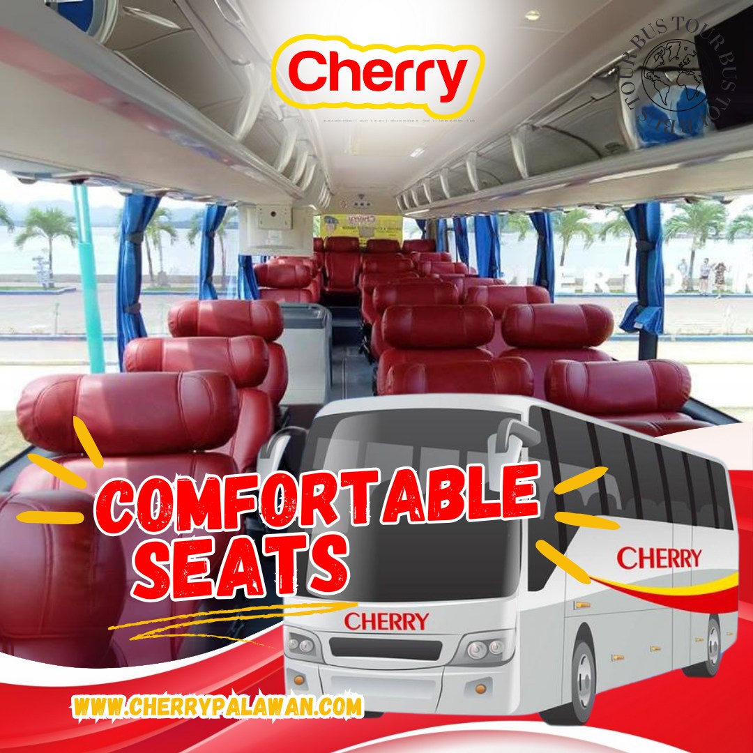 Rows of red reclining seats inside a Cherry Bus coach, captioned "Comfortable seats."