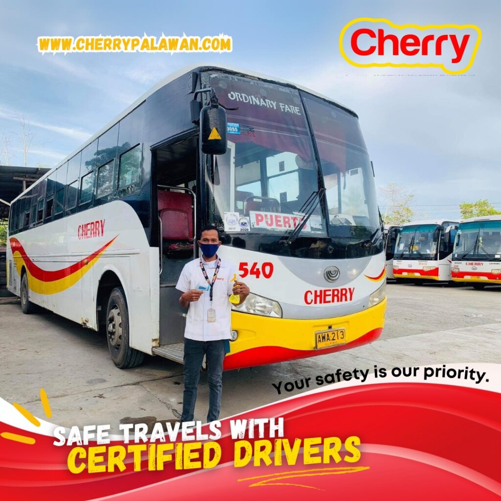 Cherry Bus coach 540 at the terminal with a uniformed staff member beside it, captioned "Your safety is our priority."