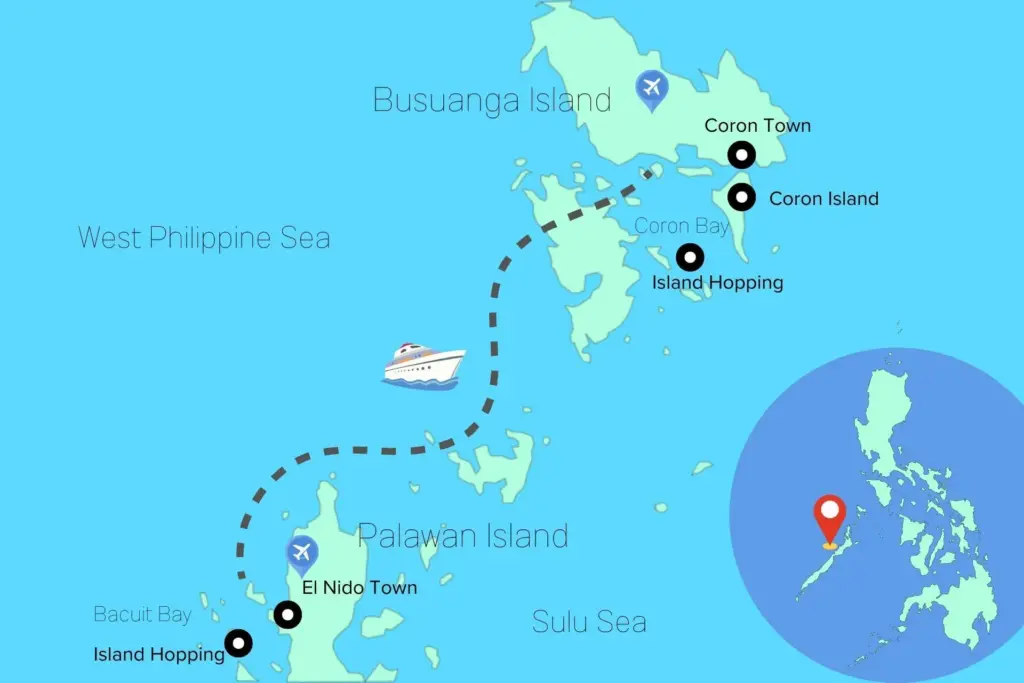 Map of the adventure tour routes linking El Nido and Coron.